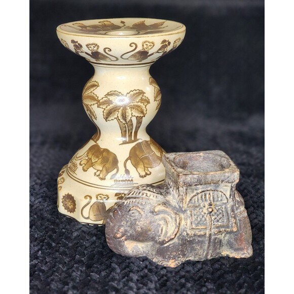 Elephant Candle Holder Set  Formalities Jungle Pedestal & Rustic Tealight Holder - Picture 1 of 12